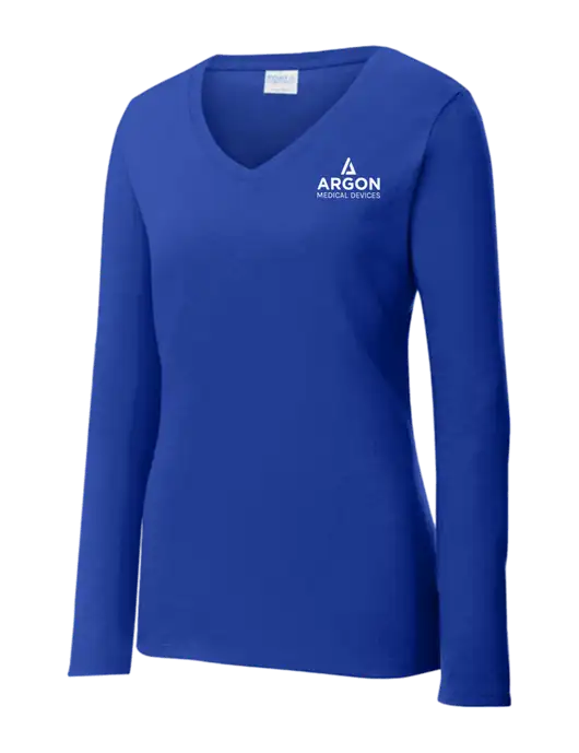 Womens  V-Neck Ring Spun Royal 4.5 oz Long Sleeve T-Shirt w/Argon Medical Devices Logo