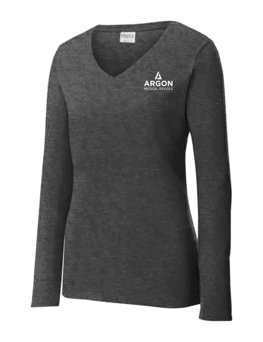 Womens  V-Neck Ring Spun Dark Heather Grey 4.5 oz Long Sleeve T-Shirt w/Argon Medical Devices Logo