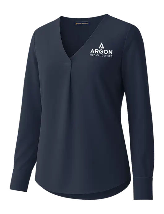 Brooks Brothers Womens Dark Navy Open-Neck Satin Blouse  w/Argon Medical Devices Logo